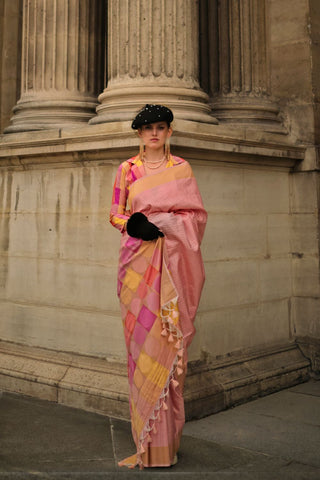 PEACH SOFT SILK HANDLOOM WEAVING SAREE