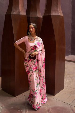 PEACH DIGITAL PRINTED SATIN CREPE SAREE