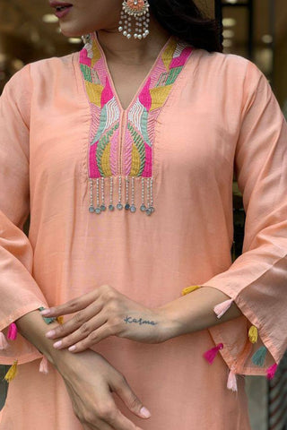 Peach Reyon Slub Embroidered Silk Kurta Set