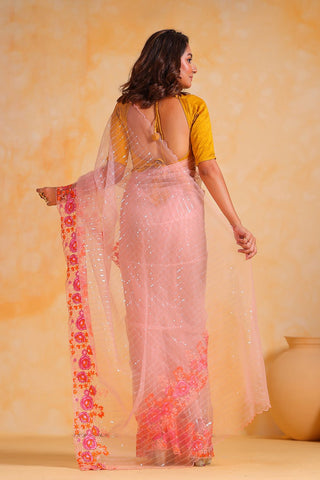 PEACH NET SAREE