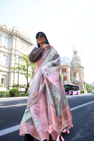 PEACH PRINT SATIN ORGANZA WEAVING SAREE