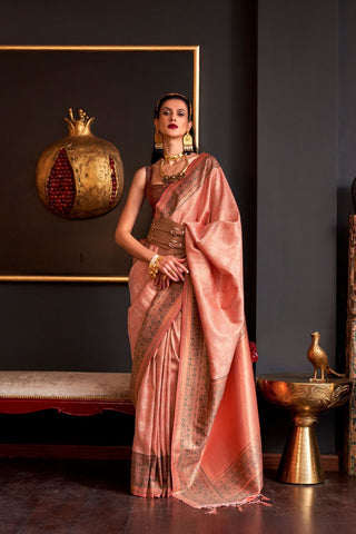 PEACH HANDLOOM WEAVING SILK SAREE