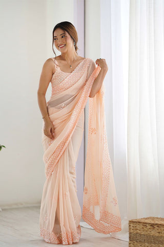 Peach Georgette Silk Saree_kumari Sarees