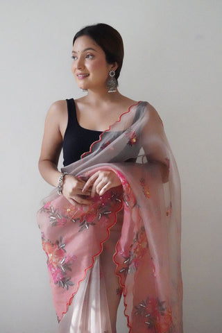 PEACH ORGANZA HANDWORK DIGITAL PRINT SAREE