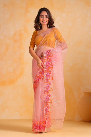 PEACH NET SAREE