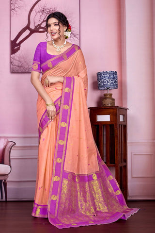 Peach Pure Handloom Cotton With Gold Zari Silk Saree_Kumari Sarees