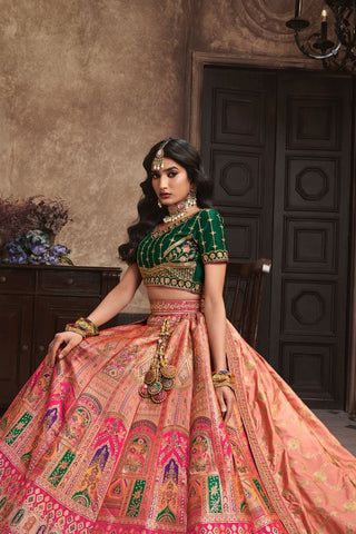 Peach Silk Lehenga With Sequence Zarkan Work