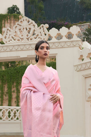 PEACH PURE LINEN WEAVING SAREE