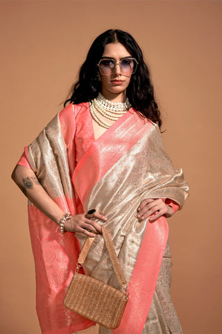 PEACH HANDWOVEN KANJIVARAM SILK SAREE