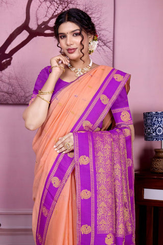Peach Pure Handloom Cotton With Gold Zari Silk Saree_Kumari Sarees