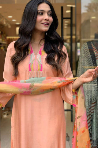 Peach Reyon Slub Embroidered Silk Kurta Set