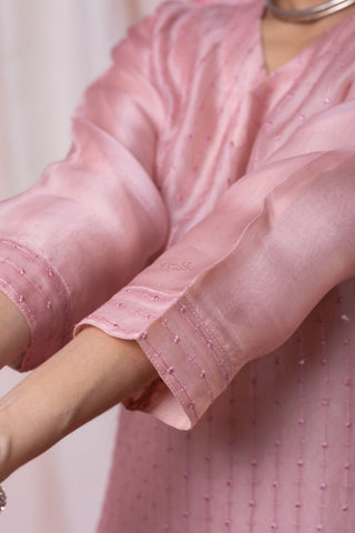 Peach Viscose Chanderi Tebby Organza with Embroidery Kurta Set_Kumari Sarees