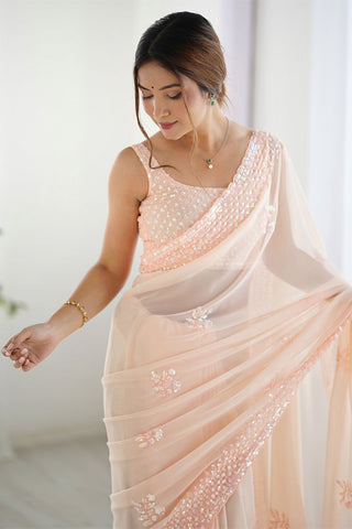 Peach Georgette Silk Saree_kumari Sarees