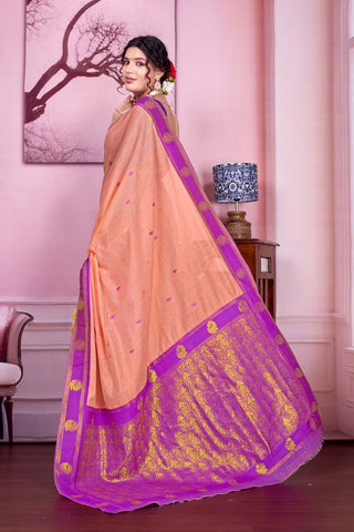 Peach Pure Handloom Cotton With Gold Zari Silk Saree_Kumari Sarees