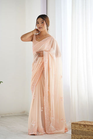 Peach Georgette Silk Saree_kumari Sarees