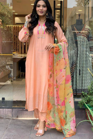 Peach Reyon Slub Embroidered Silk Kurta Set