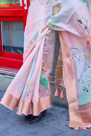 PEACH PRINT SATIN ORGANZA WEAVING SAREE