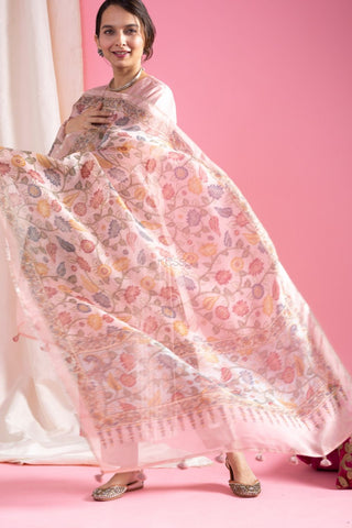 Peach Viscose Chanderi Tebby Organza with Embroidery Kurta Set_Kumari Sarees