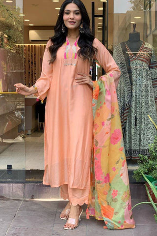 Peach Reyon Slub Embroidered Silk Kurta Set