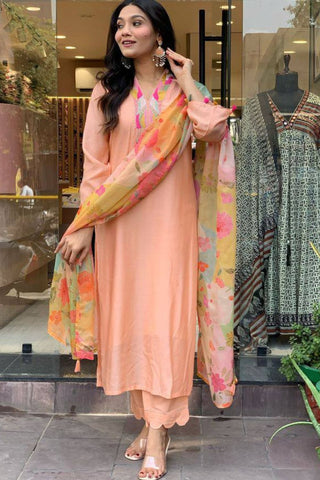 Peach Reyon Slub Embroidered Silk Kurta Set