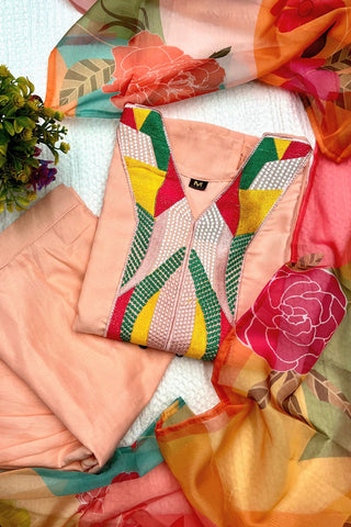 Peach Reyon Slub Embroidered Silk Kurta Set