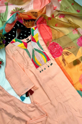 Peach Reyon Slub Embroidered Silk Kurta Set