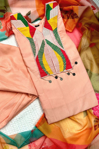 Peach Reyon Slub Embroidered Silk Kurta Set
