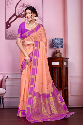 Peach Pure Handloom Cotton With Gold Zari Silk Saree_Kumari Sarees