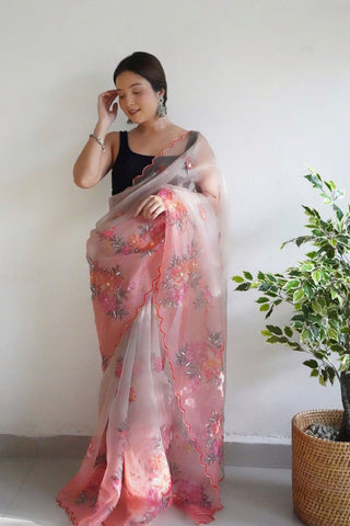 PEACH ORGANZA HANDWORK DIGITAL PRINT SAREE