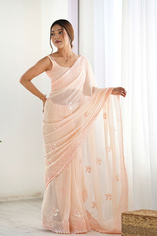Peach Georgette Silk Saree_kumari Sarees