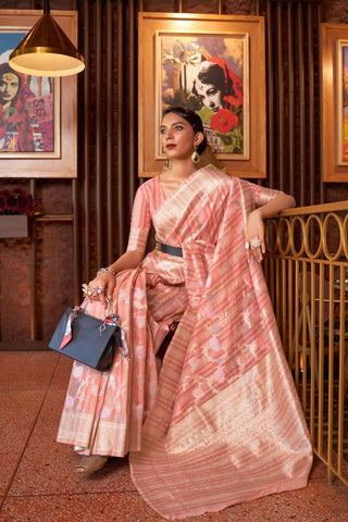 PEACH MULTI - LINEN HANDLOOM WEAVING SAREE