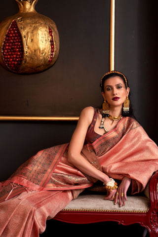 PEACH HANDLOOM WEAVING SILK SAREE