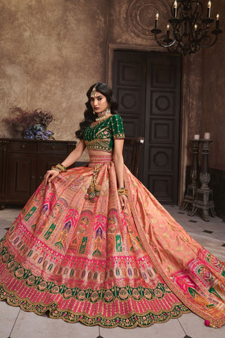 Peach Silk Lehenga With Sequence Zarkan Work