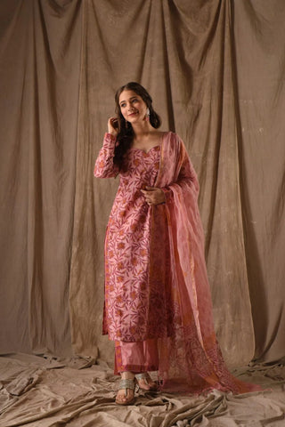 Peach Roman Linen Slub With Embroidery Kurta Set_Kumari Sarees