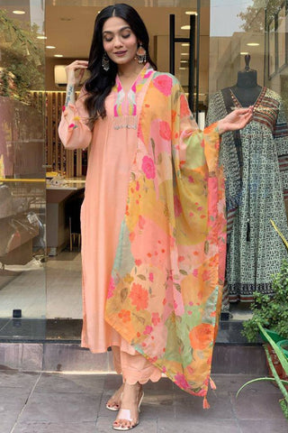 Peach Reyon Slub Embroidered Silk Kurta Set