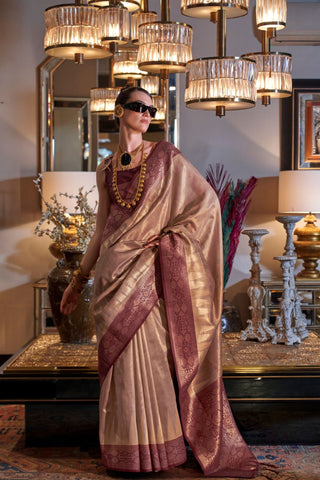 Peach Zari Handloom Weaving Silk Saree_Kumari Sarees