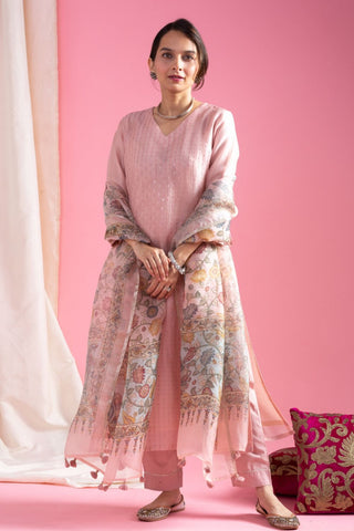 Peach Viscose Chanderi Tebby Organza with Embroidery Kurta Set_Kumari Sarees