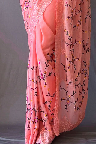 PEACH GEORGETTE SILK SAREE