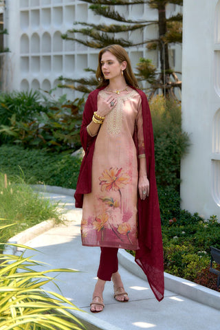 Peach Tissue With Floral Print and Embroidery Kurta Set