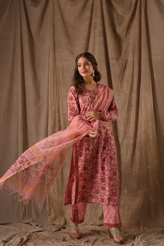 Peach Roman Linen Slub With Embroidery Kurta Set_Kumari Sarees
