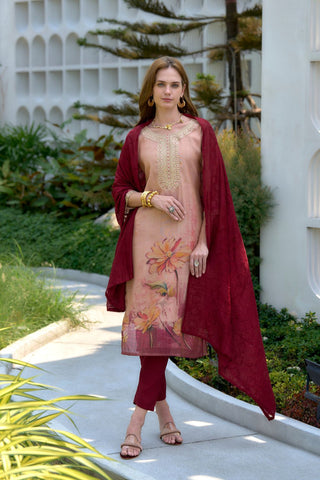 Peach Tissue With Floral Print and Embroidery Kurta Set
