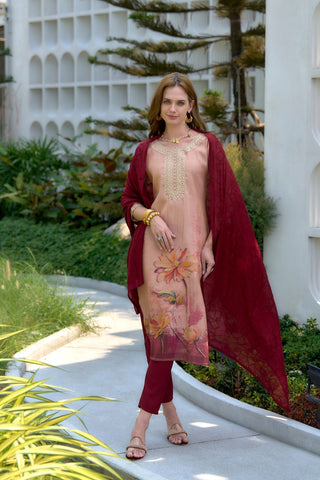 Peach Tissue With Floral Print and Embroidery Kurta Set
