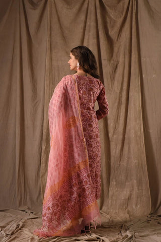 Peach Roman Linen Slub With Embroidery Kurta Set_Kumari Sarees