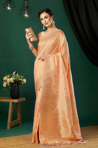Peach Nylon Satin Weaving Jacquard Saree_Kumari Sarees