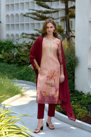 Peach Tissue With Floral Print and Embroidery Kurta Set