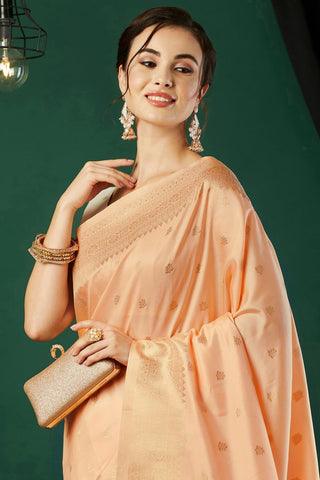Peach Nylon Satin Weaving Jacquard Saree_Kumari Sarees