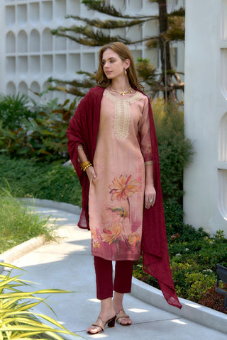 Peach Tissue With Floral Print and Embroidery Kurta Set