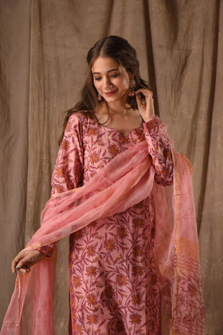 Peach Roman Linen Slub With Embroidery Kurta Set_Kumari Sarees