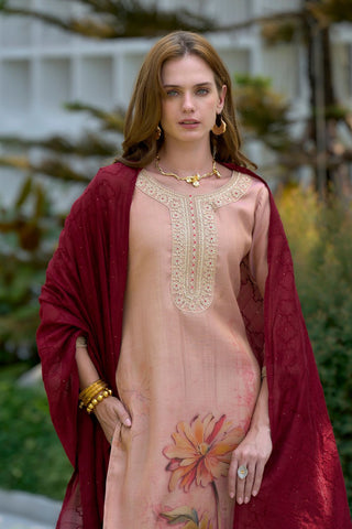 Peach Tissue With Floral Print and Embroidery Kurta Set