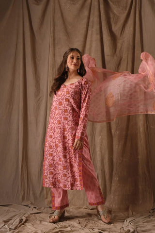 Peach Roman Linen Slub With Embroidery Kurta Set_Kumari Sarees